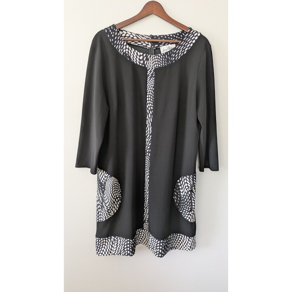 Joseph Ribkoff Sheath Dress Sz 16 Artsy Stretch Black White Pockets 3/4 Sleeve